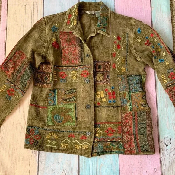 Vintage Chicos bohemian patchwork button down jacket size 0 - Picture 2 of 12
